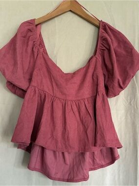 Francesca's Collections Dusty Rose Puff Sleeve Peplum Top